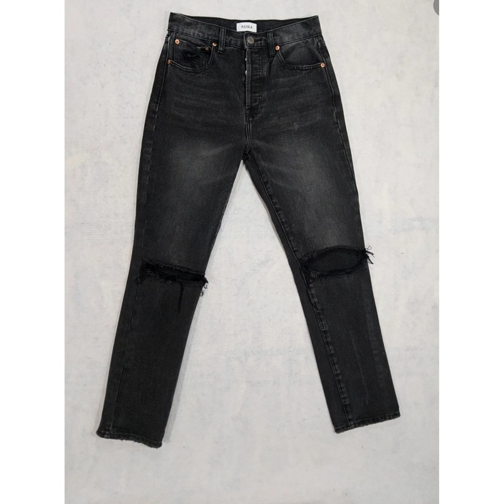 Pistola Jeans Womens 26 Distressed High Rise Straight Leg Black Whisker Ankle